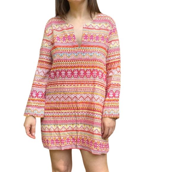 CALYPSO St. Barth Pink Yellow Vibrant Cotton 3/4 Sleeve Tunic Top Swim Cover XS - Picture 1 of 10